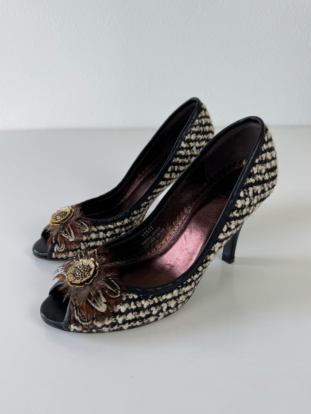 J. Crew Collection Erin Jeweled Feather Tweed Boucle Peep Toe Heels Size 6.5